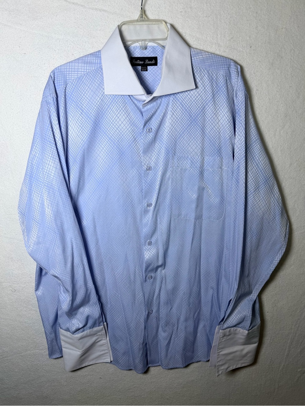 Fortino Landi Mens Dress Shirt 17-17.5 36/37 XL Blue Contrast White Collar Cuffs